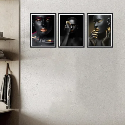 Vista 2 de MAMAGO Lienzo decorativo para pared, pintura de belleza dorada y negra, fotos de mujeres africanas, hermosos pósteres de mujer negra, impresiones
