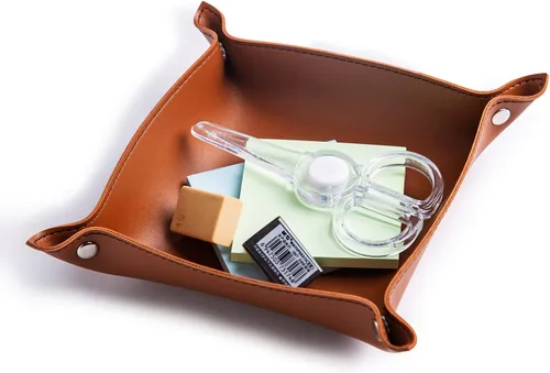 Vista 4 de SANQIANWAN Bandeja de valet de joyería de cuero sintético para mujeres y hombres, mesa de entrada portátil y mesita de noche, escritorio de noche