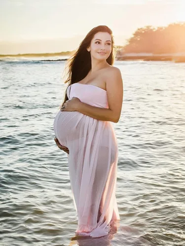 Vista 4 de Vestido de maternidad sin tirantes para mujer, con hombros descubiertos, para fotografía, vestido de gasa con abertura frontal para sesión de fotos