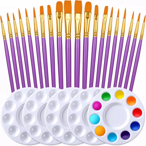 Vista 10 de Juego de pinceles y paletas de pintura de DUGATO, 2 paquetes/20 pinceles de punta redonda de pelo de nailon con 5 bandejas de pintura para pintura