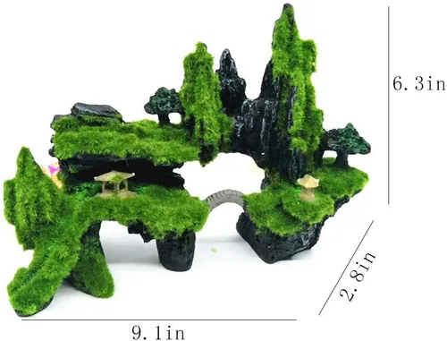 Vista 7 de Tfwadmx Decoración de pecera con vista de montaña, puente de piedra de acuario con musgo, cueva de casa de árbol para pequeña piel de camarón Betta