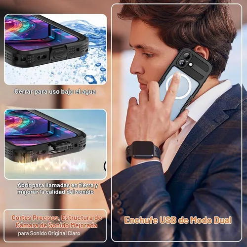 Vista 7 de Funda impermeable para iPhone 17, certificada IP68, grado militar a prueba de golpes y polvo para iPhone 17 (6.3" 2025), compatible con MagSafe Negro