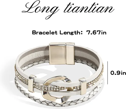 Vista 5 de Long tiantian Pulsera de cuero con corazón de 2 capas apilable con cierre de diamantes de imitación, joyería bohemia regalo para mujer