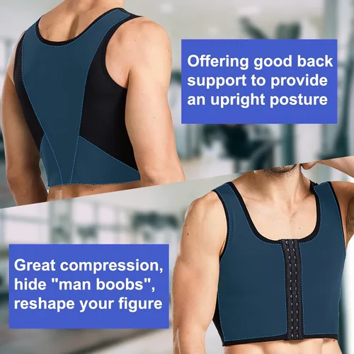Vista 4 de Chaleco de compresión para hombre, fajas de entrenamiento para hombre, soporte de espalda, ginecomastia Negro