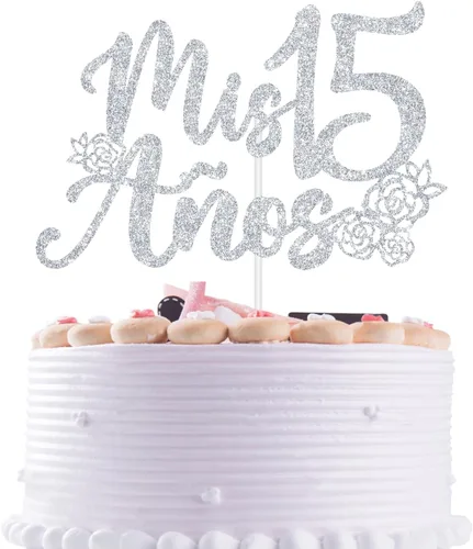 Vista 8 de Decoración para tartas Mis 15 años con purpurina de oro rosa, feliz 15 años, feliz 15 años, decoración de fiesta de cumpleaños con temática