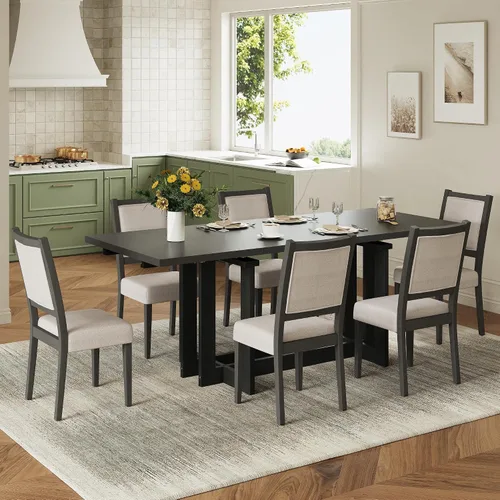 Vista 20 de Juego de mesa retro de comedor de cocina de 7 piezas, mesa extensible de madera maciza de 60 a 78 pulgadas con hojas extraíbles y 6 sillas