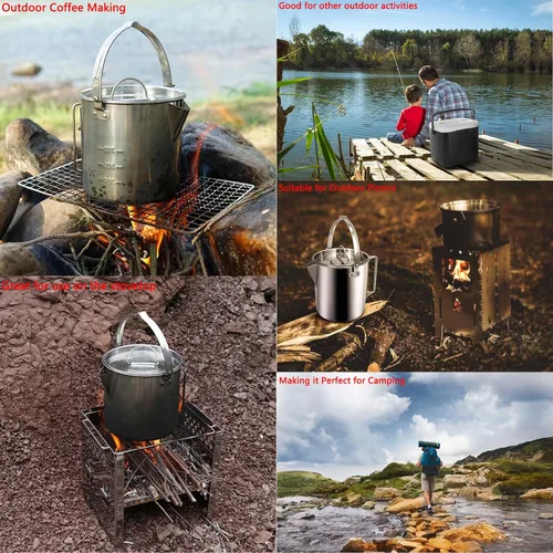 Vista 6 de Hervidor de té para camping, cafetera portátil de 1.2 L, olla de campamento al aire libre, con asas y con tapas para camping, senderismo, picnic
