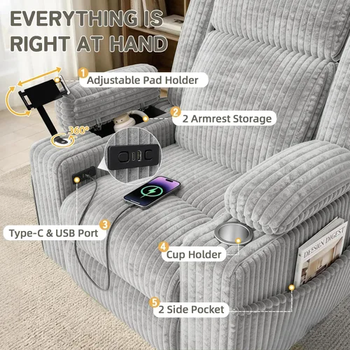 Vista 5 de EROMMY Mecedora reclinable giratoria de gran tamaño con masaje y calor, mecedoras para cuarto de bebé para sala de estar, cómoda silla deslizante