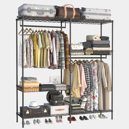 Vista 8 de Armario portátil resistente de 68 pulgadas con tapa, gran perchero de almacenamiento para colgar ropa, armario de metal, estantes de ropa