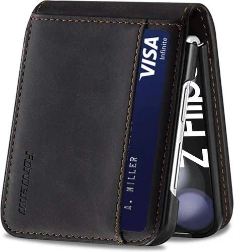 Vista 25 de Funda de piel con tapa para Samsung Galaxy Z Flip 3, con protección de bisagra, delgada y magnética tipo cartera [1 tarjetero], funda protectora a