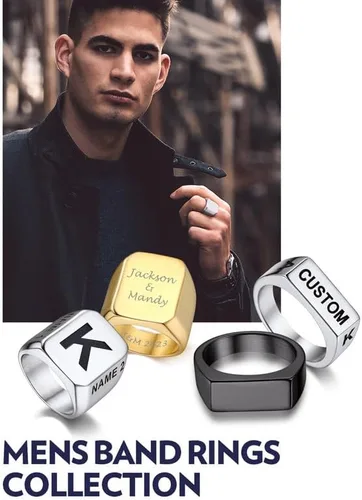 Vista 8 de Bandmax Anillos de sello para hombre, acero inoxidable, chapado en oro de 14 quilates, negro, minimalista, simple, anillo para hombres y mujeres