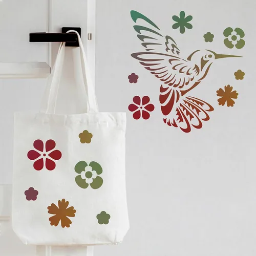 Vista 4 de FINGERINSPIRE Plantilla de decoración de colibrí de 11.8 x 11.8 pulgadas, plantilla de plástico para dibujar flores de pájaros, plantillas cuadradas
