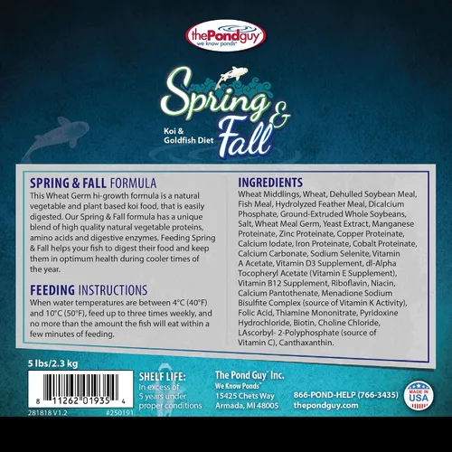 Vista 2 de The Pond Guy Spring & Fall - Alimento para peces con germen de trigo para Koi y Goldfish, pellets flotantes prémium para clima frío, fórmula