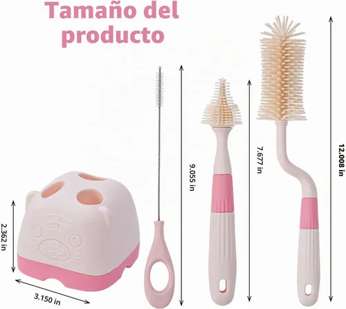 Vista 8 de Juego de cepillos de silicona 3 en 1 para botellas de bebé, limpiador multiusos de botellas, cepillo para botellas con soporte de almacenamiento