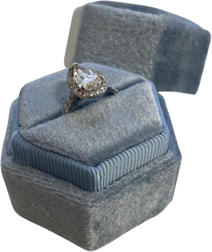 Vista 7 de Caja de anillo hexagonal de terciopelo, 1 ranura para compromiso y ceremonia de boda, exhibición plana y almacenamiento (azul claro)