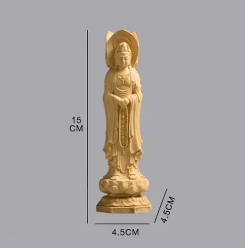 Vista 2 de Estatua china de Nanhai Quan Yin Feng Shui, tallado a mano boj tres lados Kuan Yin Buddha estatua decoración de oficina en casa, escultura femenina