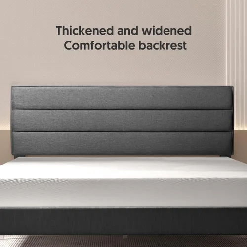 Vista 4 de BONSOIR Marco de cama tapizado de perfil bajo moderno de color gris de tamaño matrimonial con cabecero copetudo