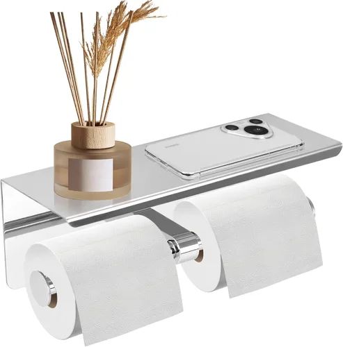 Vista 9 de Soporte doble de papel higiénico, soporte de papel de seda de acero inoxidable con estante, dispensador de papel higiénico antioxidante, montado
