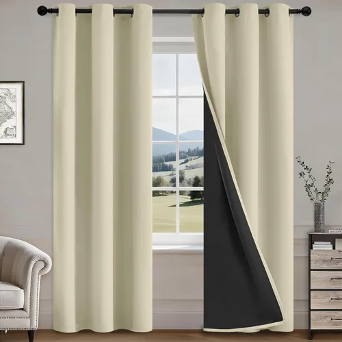 Vista 11 de COSVIYA Cortinas opacas 100% beige Biscotti para dormitorio, juego de 2 paneles de 63 pulgadas de largo, bloqueo de luz completa, aislamiento