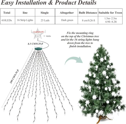 Vista 7 de aneeway Luces para árbol de Navidad con remates de estrella, 410 luces LED de Navidad con 8 modos y función de memoria, tira de luces de 6.6 pies x