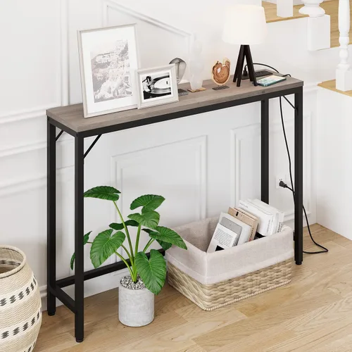Vista 2 de GAOMON Mesa consola con tomas de corriente y puertos USB, mesa de sofá estrecha con estación de carga, mesa de entrada industrial de 39.3 pulgadas