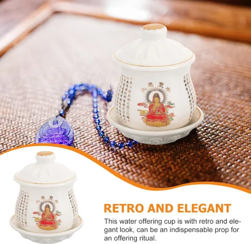 Vista 2 de OSALADI Taza de cerámica con platillo Budista Taza de agua bendita taza de culto de cáliz chino Utensilio bendición taza de té con tapa