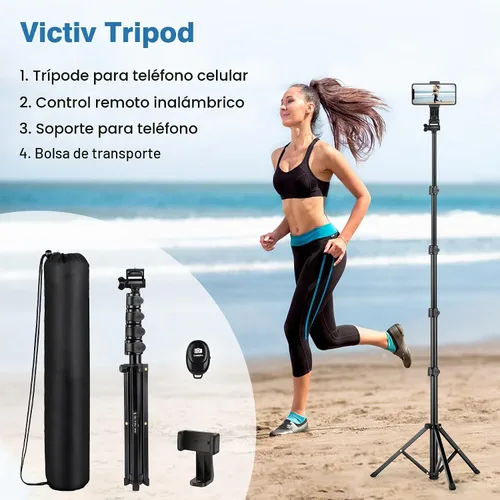 Vista 8 de Trípode de teléfono de 70 pulgadas con control remoto y soporte, soporte portátil para teléfono celular, palo selfie para grabación de video