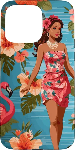 Vista 30 de iPhone 12 Pro Max Vintage Tiki Design - Funda hawaiana retro de flores hula y flamencos