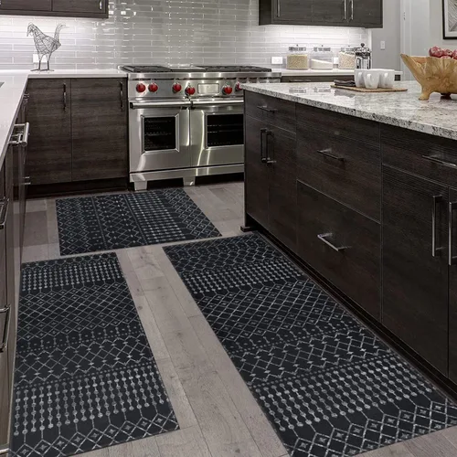 Vista 2 de Juego de 3 alfombras de cocina estilo bohemio, marroquí, modernas, para piso, patrón geométrico, antideslizantes, lavables, para decoración