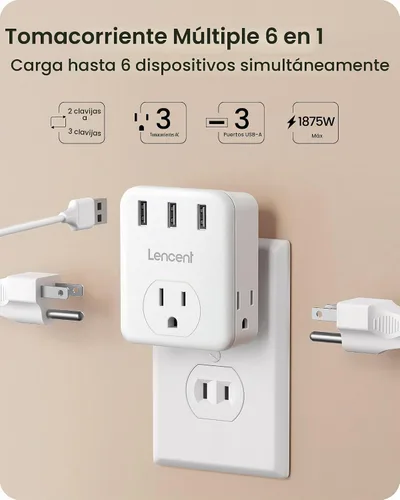 Vista 3 de LENCENT Adaptador de 3 clavijas a 2 clavijas, paquete de 2, extensor de 3 tomas de corriente con 3 USB