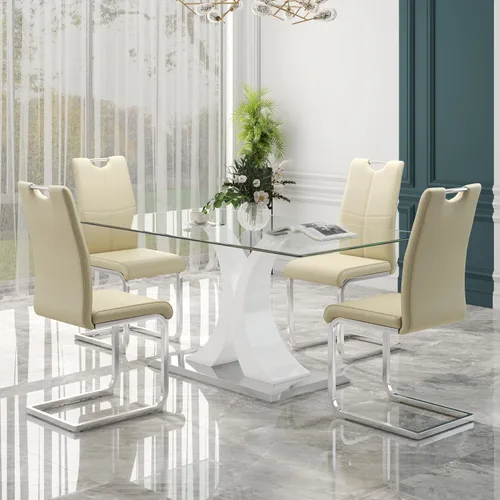 Vista 21 de Juego de comedor moderno de vidrio de lujo de 5 piezas, juego de cena rectangular minimalista grande para 4, juego de mesa de cocina de vidrio