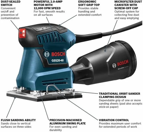 Vista 2 de BOSCH GSS20-40 Lijadora de Acabado Orbital de 1/4 Hoja, 2 Amp, 12000 OPM con Colector de Polvo