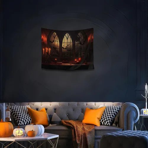 Vista 3 de QGHOT Tapiz de Halloween para colgar en la pared, tapiz de castillo de terror con ventana gótica, fondo espeluznante medieval, tapices