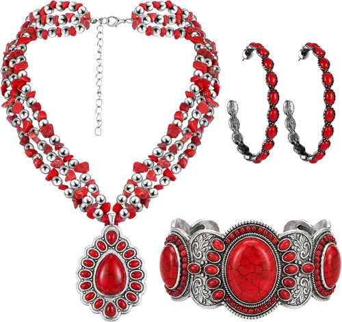 Vista 18 de 3 piezas de joyería boho occidental para mujer, conjunto de joyas de turquesa, aretes vintage, pulsera, collar bohemio occidental para mujer Negro