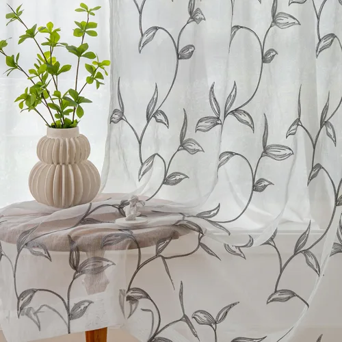 Vista 34 de VISIONTEX 2 paneles de cortinas traslúcidas de 63 in de largo, cortinas de gasa semitransparentes bordadas con hojas florales beige, bolsillo