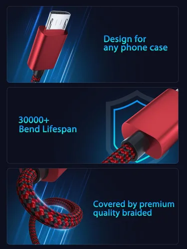 Vista 4 de Cable micro USB, cable de carga rápida Android de 6 pies para Kindle Fire, controlador de PS4, teléfono Alcatel, cable de carga trenzado