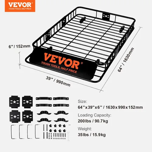 Vista 7 de VEVOR Cesta de Carga para Portaequipajes de Techo, 64" x 39" x 6" Transportador de Carga para Techo con Extensión, Acero Resistente de Servicio
