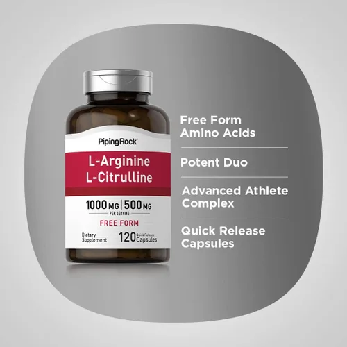 Vista 4 de Piping Rock L-Arginina L-Citrulina Suplemento 1500 mg 120 Cápsulas Pastillas de forma libre para hombres y mujeres Sin OMG, sin gluten