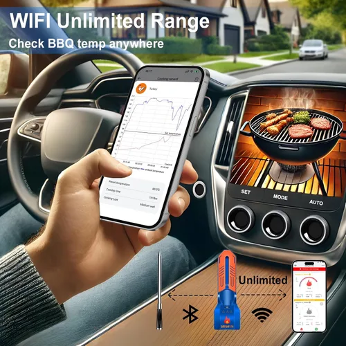 Vista 2 de Termómetro inalámbrico WiFi Bluetooth para carne, rango ilimitado, 7 sensores de precisión certificados NIST con monitoreo remoto de temperatura