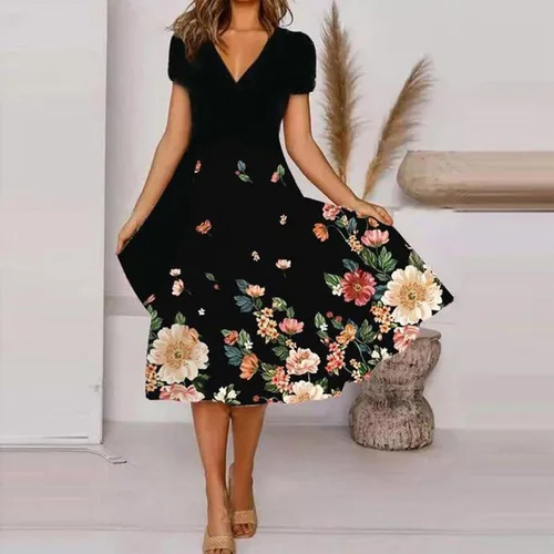 Vista 2 de ZEFOTIM Vestidos de verano para mujer 2023 de manga cortasin mangas, floral, cuello en V, vestido por debajo de la rodilla, vestidos casuales fluidos
