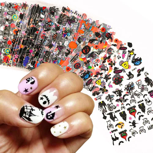 Vista 2 de 24 hojas de calcomanías de arte de uñas de Halloween autoadhesivas 3D, fantasma, calabaza, murciélago, gato, cráneo, diseños de uñas, calcomanías
