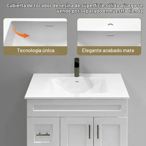 Vista 6 de White Shaker - Base para lavabo de baño con cajones de 36 pulgadas, listo para montar
