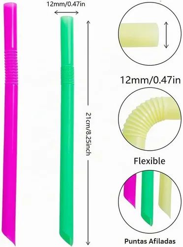 Vista 2 de Paquete de 100 popotes de plástico desechables envueltos individualmente de 0.43 pulgadas de ancho grande, flexibles, flexibles, para bebidas más