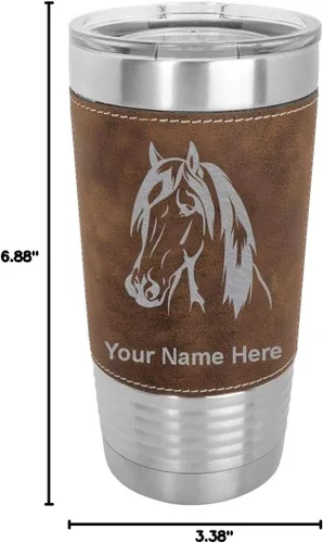 Vista 9 de LaserGram Vaso aislado al vacío de 20 onzas, cabeza de caballo 1, grabado personalizado incluido (cuero sintético, rústico)