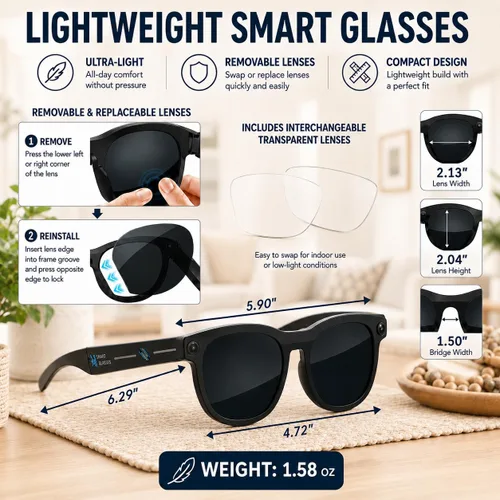 Vista 8 de Gafas Inteligentes con Cámara, Gafas AI, Gafas Bluetooth, Lentes Reemplazables, Batería de 48H para Viajes, Conferencias y Vlogging. Traducción