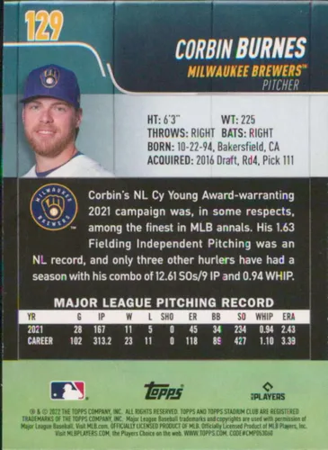 Vista 2 de 2022 Topps Stadium Club #129 Corbin Burnes Milwaukee Brewers Baseball Card