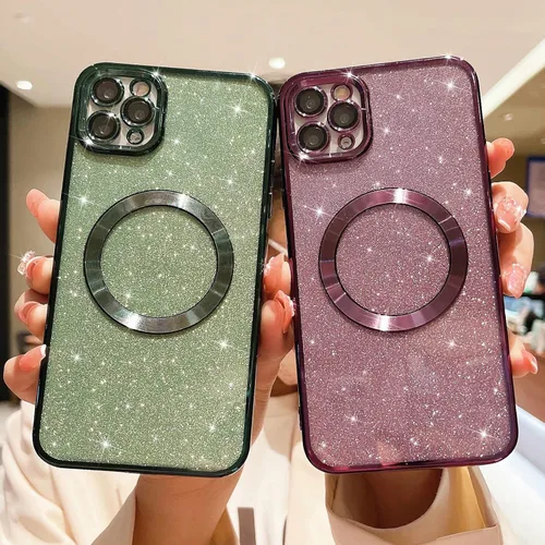 Vista 6 de Compatible con iPhone 11 Pro Max Funda magnética con purpurina, bonita funda transparente chapada de lujo, compatible con MagSafe para mujeres