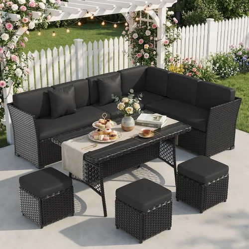Vista 3 de Juego de muebles de patio, 7 piezas, juego de comedor al aire libre, juego de conversación de ratán para todo tipo de clima, sofá modular de comedor