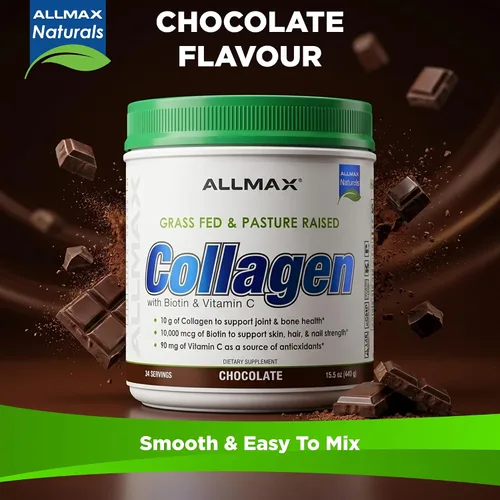 Vista 8 de ALLMAX Colágeno en polvo de chocolate, péptidos de colágeno hidrolizados, colágeno bovino alimentado con hierba, vitamina C y biotina