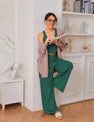 Vista 4 de Ekouaer Conjunto de descanso de 2 piezas para mujer, camiseta corta de punto acanalado, pantalones de pierna ancha con bolsillos S-XXL